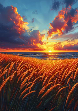Golden Field at Sunset by the Sea