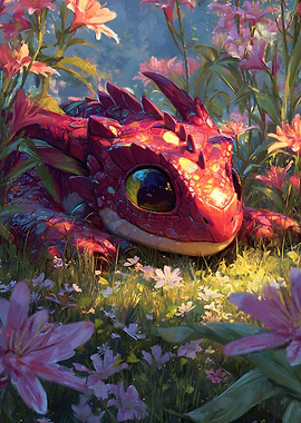 Cute Red Dragon in Flower Meadow