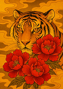 Tiger and Red Peonies Illustration