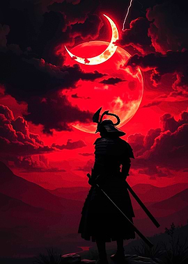 Samurai Silhouette Under Red Moon