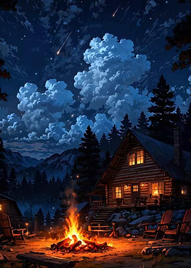 Cozy Cabin Campfire Under Starry Night