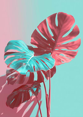 Monstera Plant in Pink and Teal