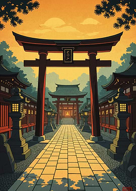 Japanese Shrine with Torii Gates
