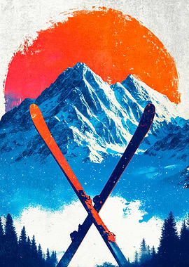 Skiing Adventure Mountain Landscape Art