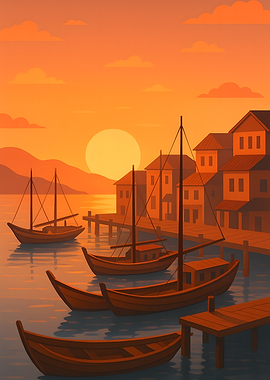 Sunset Harbor with Boats and Buildings