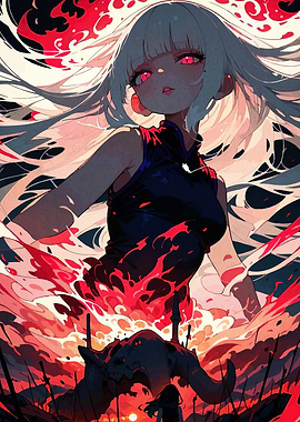 Anime Girl with Red Eyes and Flames