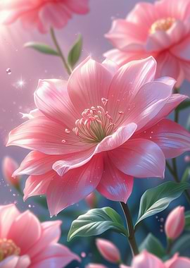 Pink Flowers with Dew Drops