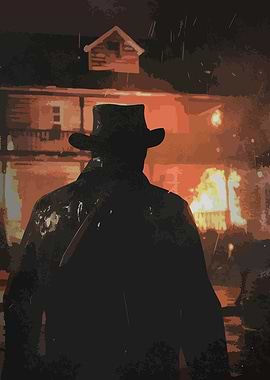 Silhouette in front of burning building