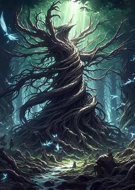 Mystical Forest with Ancient Twisted Tree