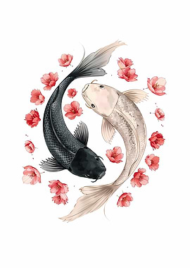 Yin Yang Koi Fish with Flowers