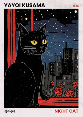 Yayoi Kusama Night Cat Illustration