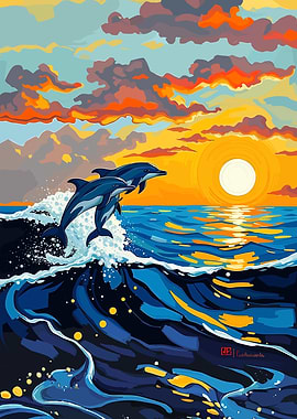 Dolphins jumping at sunset illustration