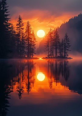 Lake Sunset with Forest Reflection
