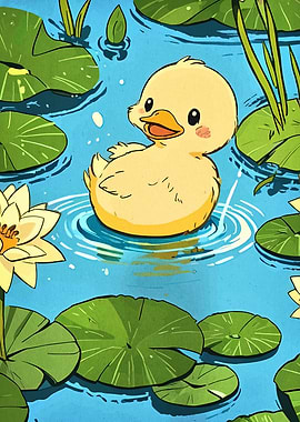Cute Duckling in Lily Pond Illustration