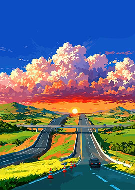 Highway Sunset Landscape Digital Art