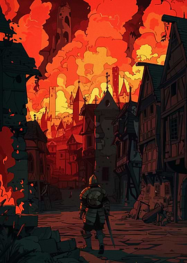Burning Medieval City with Knight