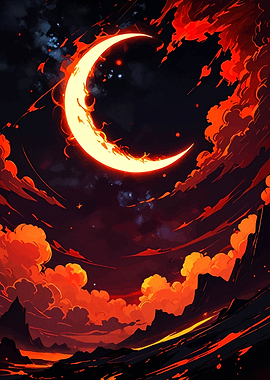 Fiery Crescent Moon Over Dark Landscape