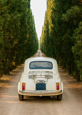Vintage car on cypress tree road