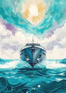 Watercolor Yacht in Ocean Under Sun