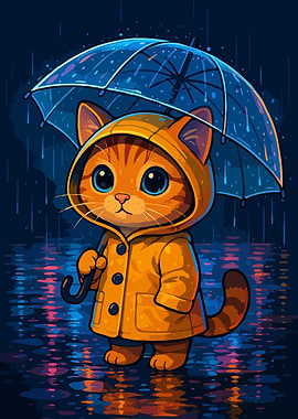 Cute Cat in Raincoat with Umbrella