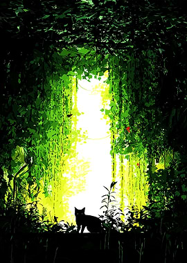 Silhouette of a cat in a forest