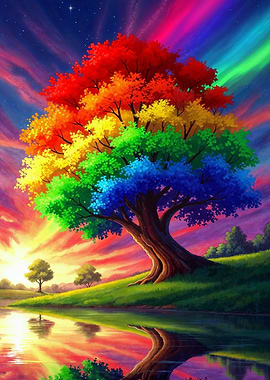 Fantasy Rainbow Tree Reflection Landscape Painting