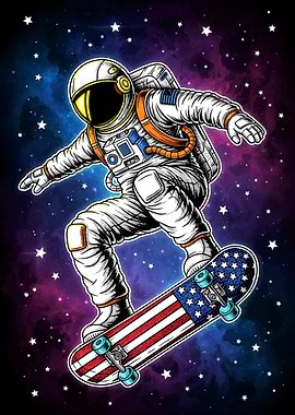 Kickflip in Space Astronaut Skateboarding in Space Art