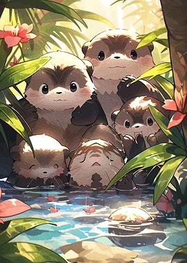 Cute Otter Family in Water