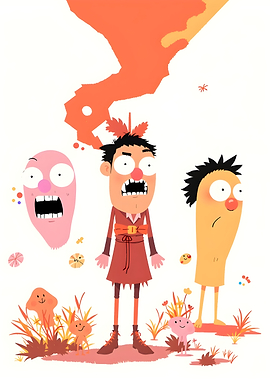 Cartoon characters in a whimsical landscape