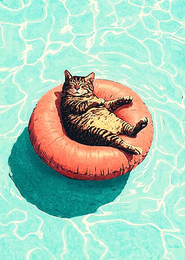 Cat Relaxing on Pool Float