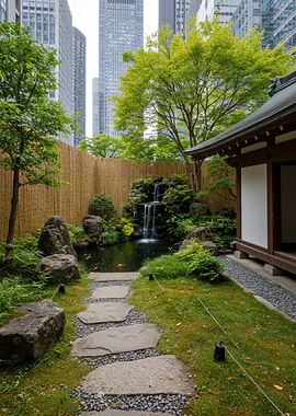 Japanese Garden with Waterfall and Pond