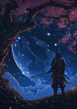 Samurai under Cherry Tree at Night