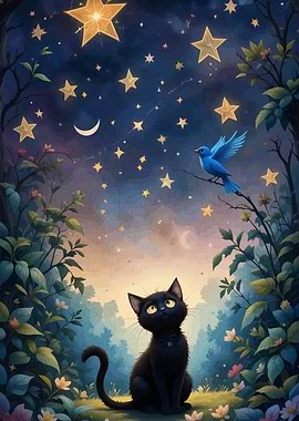 Black Cat Stargazing with Bluebird