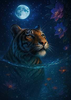 Tiger in Water Under Moonlight