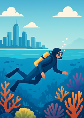 Scuba Diver in Ocean with City View