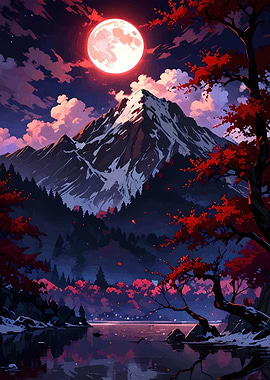 Mountain Landscape with Red Moon
