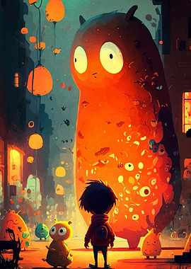 Boy and Giant Monster in Cityscape