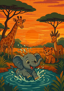 Cartoon African Animals Playing in Water
