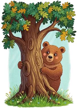 Cute Bear Hugging Tree
