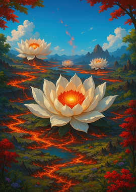 Lotus Flowers in Volcanic Landscape