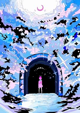 Pink-haired girl in a magical tunnel