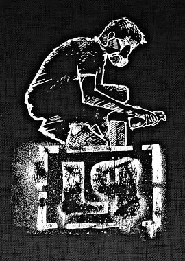 Monochrome Figure on Box with Text