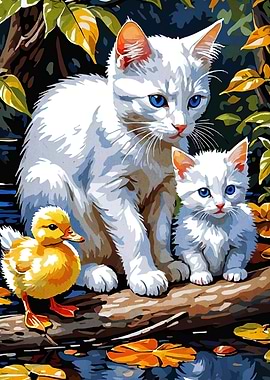 Cats and Duckling on a Log