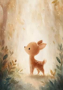 Watercolor Fawn in Forest