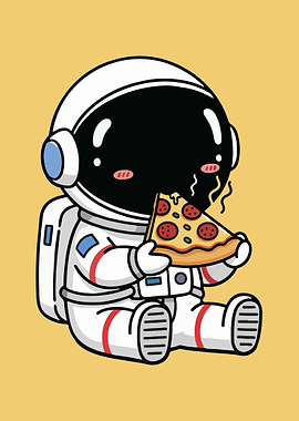 Astronaut eating pizza cartoon illustration