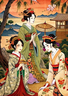 Three Geishas in a Japanese Garden
