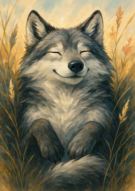 Smiling Wolf in Field Painting