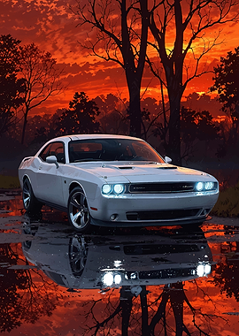 White Dodge Challenger at Sunset Reflection