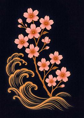 Cherry Blossoms and Waves Illustration
