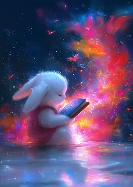 Bunny Reading Book in Cosmic Scene